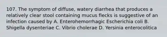 107. The symptom of diffuse, watery diarrhea that produces a relatively clear stool containing mucus flecks is suggestive of an infection caused by A. Enterohemorrhagic Escherichia coli B. Shigella dysenteriae C. Vibrio cholerae D. Yersinia enterocolitica