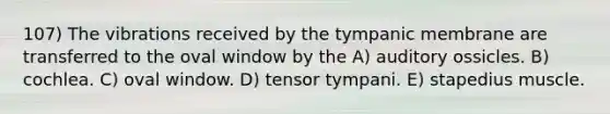 107) The vibrations received by the tympanic membrane are transferred to the oval window by the A) auditory ossicles. B) cochlea. C) oval window. D) tensor tympani. E) stapedius muscle.