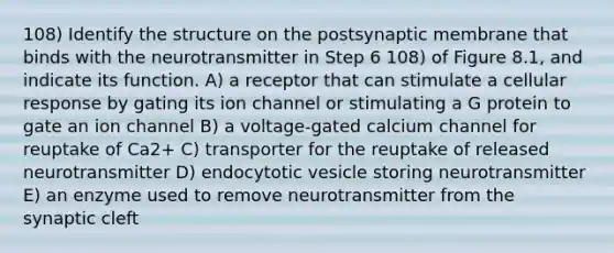 108) Identify the structure on the postsynaptic membrane that binds with the neurotransmitter in Step 6 108) of Figure 8.1, and indicate its function. A) a receptor that can stimulate a cellular response by gating its ion channel or stimulating a G protein to gate an ion channel B) a voltage-gated calcium channel for reuptake of Ca2+ C) transporter for the reuptake of released neurotransmitter D) endocytotic vesicle storing neurotransmitter E) an enzyme used to remove neurotransmitter from the synaptic cleft