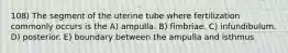 108) The segment of the uterine tube where fertilization commonly occurs is the A) ampulla. B) fimbriae. C) infundibulum. D) posterior. E) boundary between the ampulla and isthmus