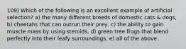 109) Which of the following is an excellent example of artificial selection? a) the many different breeds of domestic cats & dogs, b) cheetahs that can outrun their prey, c) the ability to gain muscle mass by using steroids, d) green tree frogs that blend perfectly into their leafy surroundings, e) all of the above.