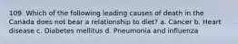 109. Which of the following leading causes of death in the Canada does not bear a relationship to diet? a. Cancer b. Heart disease c. Diabetes mellitus d. Pneumonia and influenza