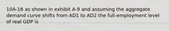 10A-16 as shown in exhibit A-9 and assuming the aggregate demand curve shifts from AD1 to AD2 the full-employment level of real GDP is