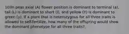 10)In peas axial (A) flower position is dominant to terminal (a), tall (L) is dominant to short (l), and yellow (Y) is dominant to green (y). If a plant that is heterozygous for all three traits is allowed to self-fertilize, how many of the offspring would show the dominant phenotype for all three traits?,