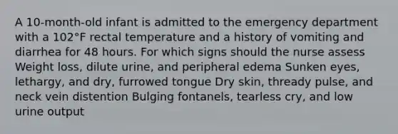 A 10-month-old infant is admitted to the emergency department with a 102°F rectal temperature and a history of vomiting and diarrhea for 48 hours. For which signs should the nurse assess Weight loss, dilute urine, and peripheral edema Sunken eyes, lethargy, and dry, furrowed tongue Dry skin, thready pulse, and neck vein distention Bulging fontanels, tearless cry, and low urine output