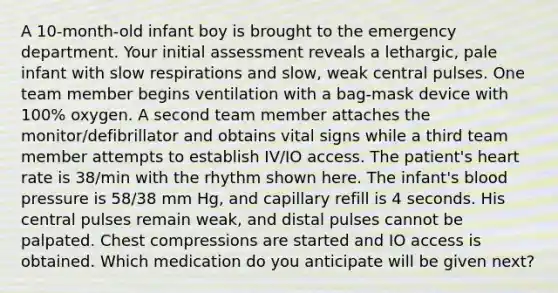 A 10-month-old infant boy is brought to the emergency department. Your initial assessment reveals a lethargic, pale infant with slow respirations and slow, weak central pulses. One team member begins ventilation with a bag-mask device with 100% oxygen. A second team member attaches the monitor/defibrillator and obtains vital signs while a third team member attempts to establish IV/IO access. The patient's heart rate is 38/min with the rhythm shown here. The infant's blood pressure is 58/38 mm Hg, and capillary refill is 4 seconds. His central pulses remain weak, and distal pulses cannot be palpated. Chest compressions are started and IO access is obtained. Which medication do you anticipate will be given next?