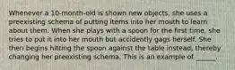 Whenever a 10-month-old is shown new objects, she uses a preexisting schema of putting items into her mouth to learn about them. When she plays with a spoon for the first time, she tries to put it into her mouth but accidently gags herself. She then begins hitting the spoon against the table instead, thereby changing her preexisting schema. This is an example of ______.