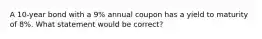 A 10-year bond with a 9% annual coupon has a yield to maturity of 8%. What statement would be correct?