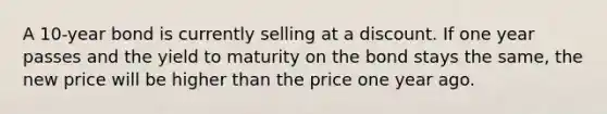 A 10-year bond is currently selling at a discount. If one year passes and the yield to maturity on the bond stays the same, the new price will be higher than the price one year ago.