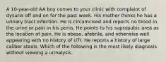 A 10-year-old AA boy comes to your clinic with complaint of dysuria off and on for the past week. His mother thinks he has a urinary tract infection. He is circumcised and reports no blood in the urine or pain in his penis. He points to his suprapubic area as the location of pain. He is obese, afebrile, and otherwise well appearing with no history of UTI. He reports a history of large caliber stools. Which of the following is the most likely diagnosis without viewing a urinalysis.