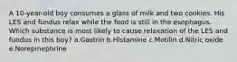 A 10-year-old boy consumes a glass of milk and two cookies. His LES and fundus relax while the food is still in the esophagus. Which substance is most likely to cause relaxation of the LES and fundus in this boy? a.Gastrin b.Histamine c.Motilin d.Nitric oxide e.Norepinephrine