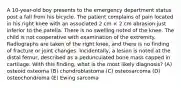 A 10-year-old boy presents to the emergency department status post a fall from his bicycle. The patient complains of pain located in his right knee with an associated 2 cm × 2 cm abrasion just inferior to the patella. There is no swelling noted of the knee. The child is not cooperative with examination of the extremity. Radiographs are taken of the right knee, and there is no finding of fracture or joint changes. Incidentally, a lesion is noted at the distal femur, described as a pedunculated bone mass capped in cartilage. With this finding, what is the most likely diagnosis? (A) osteoid osteoma (B) chondroblastoma (C) osteosarcoma (D) osteochondroma (E) Ewing sarcoma