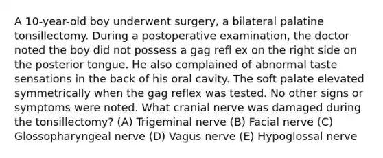 A 10-year-old boy underwent surgery, a bilateral palatine tonsillectomy. During a postoperative examination, the doctor noted the boy did not possess a gag refl ex on the right side on the posterior tongue. He also complained of abnormal taste sensations in the back of his oral cavity. The soft palate elevated symmetrically when the gag reflex was tested. No other signs or symptoms were noted. What cranial nerve was damaged during the tonsillectomy? (A) Trigeminal nerve (B) Facial nerve (C) Glossopharyngeal nerve (D) Vagus nerve (E) Hypoglossal nerve