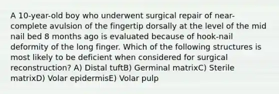 A 10-year-old boy who underwent surgical repair of near-complete avulsion of the fingertip dorsally at the level of the mid nail bed 8 months ago is evaluated because of hook-nail deformity of the long finger. Which of the following structures is most likely to be deficient when considered for surgical reconstruction? A) Distal tuftB) Germinal matrixC) Sterile matrixD) Volar epidermisE) Volar pulp