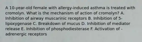 A 10-year-old female with allergy-induced asthma is treated with cromolyn. What is the mechanism of action of cromolyn? A. Inhibition of airway muscarinic receptors B. Inhibition of 5-lipoxygenase C. Breakdown of mucus D. Inhibition of mediator release E. Inhibition of phosphodiesterase F. Activation of -adrenergic receptors