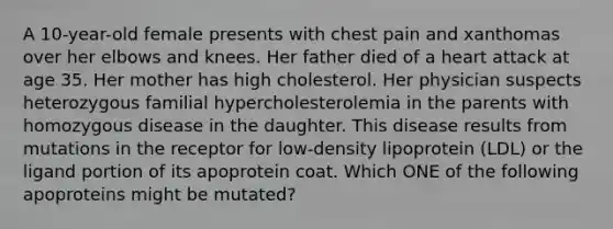 A 10-year-old female presents with chest pain and xanthomas over her elbows and knees. Her father died of a heart attack at age 35. Her mother has high cholesterol. Her physician suspects heterozygous familial hypercholesterolemia in the parents with homozygous disease in the daughter. This disease results from mutations in the receptor for low-density lipoprotein (LDL) or the ligand portion of its apoprotein coat. Which ONE of the following apoproteins might be mutated?