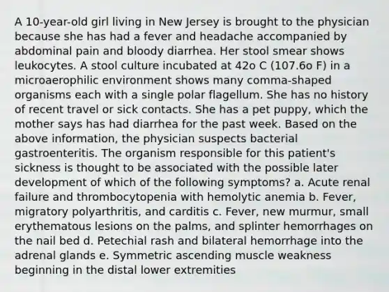 A 10-year-old girl living in New Jersey is brought to the physician because she has had a fever and headache accompanied by abdominal pain and bloody diarrhea. Her stool smear shows leukocytes. A stool culture incubated at 42o C (107.6o F) in a microaerophilic environment shows many comma-shaped organisms each with a single polar flagellum. She has no history of recent travel or sick contacts. She has a pet puppy, which the mother says has had diarrhea for the past week. Based on the above information, the physician suspects bacterial gastroenteritis. The organism responsible for this patient's sickness is thought to be associated with the possible later development of which of the following symptoms? a. Acute renal failure and thrombocytopenia with hemolytic anemia b. Fever, migratory polyarthritis, and carditis c. Fever, new murmur, small erythematous lesions on the palms, and splinter hemorrhages on the nail bed d. Petechial rash and bilateral hemorrhage into the adrenal glands e. Symmetric ascending muscle weakness beginning in the distal lower extremities