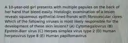 A 10-year-old girl presents with multiple papules on the back of her hand that bleed easily. Histologic examination of a lesion reveals squamous epithelial-lined fronds with fibrovascular cores. Which of the following viruses is most likely responsible for the development of these skin lesions? (A) Cytomegalovirus (B) Epstein-Barr virus (C) Herpes simplex virus type 2 (D) Human herpesvirus type 8 (E) Human papillomavirus