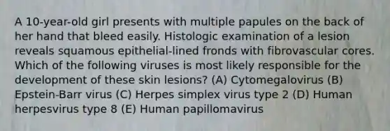 A 10-year-old girl presents with multiple papules on the back of her hand that bleed easily. Histologic examination of a lesion reveals squamous epithelial-lined fronds with fibrovascular cores. Which of the following viruses is most likely responsible for the development of these skin lesions? (A) Cytomegalovirus (B) Epstein-Barr virus (C) Herpes simplex virus type 2 (D) Human herpesvirus type 8 (E) Human papillomavirus