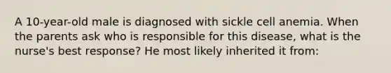 A 10-year-old male is diagnosed with sickle cell anemia. When the parents ask who is responsible for this disease, what is the nurse's best response? He most likely inherited it from: