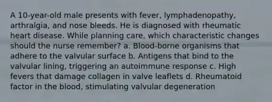 A 10-year-old male presents with fever, lymphadenopathy, arthralgia, and nose bleeds. He is diagnosed with rheumatic heart disease. While planning care, which characteristic changes should the nurse remember? a. Blood-borne organisms that adhere to the valvular surface b. Antigens that bind to the valvular lining, triggering an autoimmune response c. High fevers that damage collagen in valve leaflets d. Rheumatoid factor in the blood, stimulating valvular degeneration