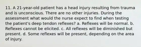 11. A 21-year-old patient has a head injury resulting from trauma and is unconscious. There are no other injuries. During the assessment what would the nurse expect to find when testing the patient's deep tendon reflexes? a. Reflexes will be normal. b. Reflexes cannot be elicited. c. All reflexes will be diminished but present. d. Some reflexes will be present, depending on the area of injury.