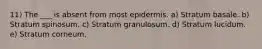 11) The ___ is absent from most epidermis. a) Stratum basale. b) Stratum spinosum. c) Stratum granulosum. d) Stratum lucidum. e) Stratum corneum.