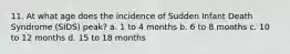 11. At what age does the incidence of Sudden Infant Death Syndrome (SIDS) peak? a. 1 to 4 months b. 6 to 8 months c. 10 to 12 months d. 15 to 18 months