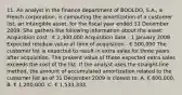 11. An analyst in the finance department of BOOLDO, S.A., a French corporation, is computing the amortization of a customer list, an intangible asset, for the fiscal year ended 31 December 2009. She gathers the following information about the asset: Acquisition cost - € 2,300,000 Acquisition date - 1 January 2008 Expected residual value at time of acquisition - € 500,000 The customer list is expected to result in extra sales for three years after acquisition. The present value of these expected extra sales exceeds the cost of the list. If the analyst uses the straight-line method, the amount of accumulated amortization related to the customer list as of 31 December 2009 is closest to: A. € 600,000. B. € 1,200,000. C. € 1,533,333.