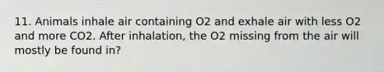 11. Animals inhale air containing O2 and exhale air with less O2 and more CO2. After inhalation, the O2 missing from the air will mostly be found in?