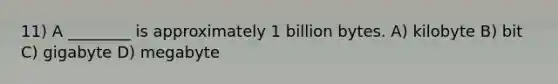 11) A ________ is approximately 1 billion bytes. A) kilobyte B) bit C) gigabyte D) megabyte