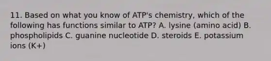 11. Based on what you know of ATP's chemistry, which of the following has functions similar to ATP? A. lysine (amino acid) B. phospholipids C. guanine nucleotide D. steroids E. potassium ions (K+)