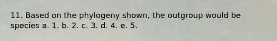 11. Based on the phylogeny shown, the outgroup would be species a. 1. b. 2. c. 3. d. 4. e. 5.