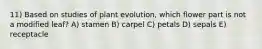 11) Based on studies of plant evolution, which flower part is not a modified leaf? A) stamen B) carpel C) petals D) sepals E) receptacle