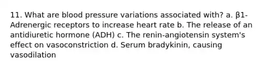 11. What are blood pressure variations associated with? a. β1-Adrenergic receptors to increase heart rate b. The release of an antidiuretic hormone (ADH) c. The renin-angiotensin system's effect on vasoconstriction d. Serum bradykinin, causing vasodilation