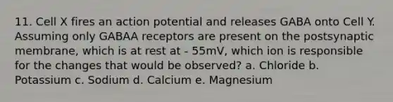 11. Cell X fires an action potential and releases GABA onto Cell Y. Assuming only GABAA receptors are present on the postsynaptic membrane, which is at rest at - 55mV, which ion is responsible for the changes that would be observed? a. Chloride b. Potassium c. Sodium d. Calcium e. Magnesium