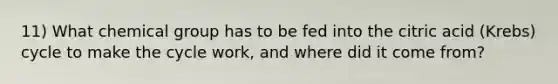 11) What chemical group has to be fed into the citric acid (Krebs) cycle to make the cycle work, and where did it come from?