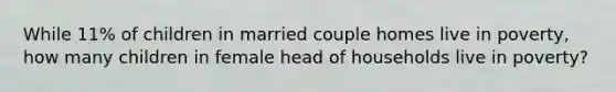 While 11% of children in married couple homes live in poverty, how many children in female head of households live in poverty?