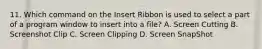 11. Which command on the Insert Ribbon is used to select a part of a program window to insert into a file? A. Screen Cutting B. Screenshot Clip C. Screen Clipping D. Screen SnapShot