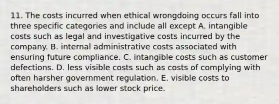 11. The costs incurred when ethical wrongdoing occurs fall into three specific categories and include all except A. intangible costs such as legal and investigative costs incurred by the company. B. internal administrative costs associated with ensuring future compliance. C. intangible costs such as customer defections. D. less visible costs such as costs of complying with often harsher government regulation. E. visible costs to shareholders such as lower stock price.