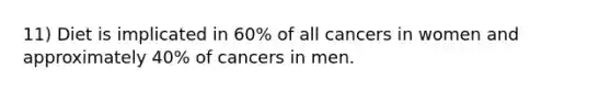 11) Diet is implicated in 60% of all cancers in women and approximately 40% of cancers in men.