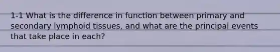 1-1 What is the difference in function between primary and secondary lymphoid tissues, and what are the principal events that take place in each?