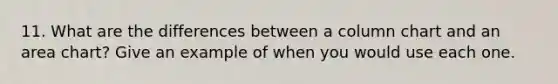 11. What are the differences between a column chart and an area chart? Give an example of when you would use each one.