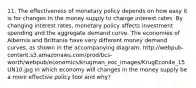 11. The effectiveness of monetary policy depends on how easy it is for changes in the money supply to change interest rates. By changing interest rates, monetary policy affects investment spending and the aggregate demand curve. The economies of Albernia and Brittania have very different money demand curves, as shown in the accompanying diagram. http://webpub-content.s3.amazonaws.com/prod/bcs-worth/webpub/economics/krugman_eoc_images/KrugEcon4e_15UN10.jpg In which economy will changes in the money supply be a more effective policy tool and why?