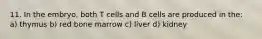 11. In the embryo, both T cells and B cells are produced in the: a) thymus b) red bone marrow c) liver d) kidney