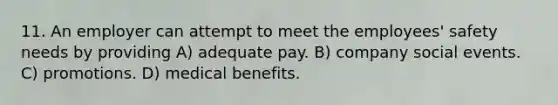 11. An employer can attempt to meet the employees' safety needs by providing A) adequate pay. B) company social events. C) promotions. D) medical benefits.