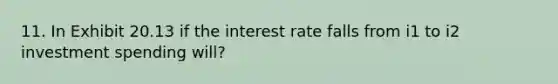 11. In Exhibit 20.13 if the interest rate falls from i1 to i2 investment spending will?