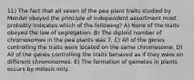 11) The fact that all seven of the pea plant traits studied by Mendel obeyed the principle of independent assortment most probably indicates which of the following? A) None of the traits obeyed the law of segregation. B) The diploid number of chromosomes in the pea plants was 7. C) All of the genes controlling the traits were located on the same chromosome. D) All of the genes controlling the traits behaved as if they were on different chromosomes. E) The formation of gametes in plants occurs by mitosis only.