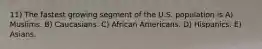 11) The fastest growing segment of the U.S. population is A) Muslims. B) Caucasians. C) African Americans. D) Hispanics. E) Asians.