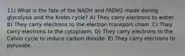 11) What is the fate of the NADH and FADH2 made during glycolysis and the Krebs cycle? A) They carry electrons to water. B) They carry electrons to the electron transport chain. C) They carry electrons to the cytoplasm. D) They carry electrons to the Calvin cycle to reduce carbon dioxide. E) They carry electrons to pyruvate.